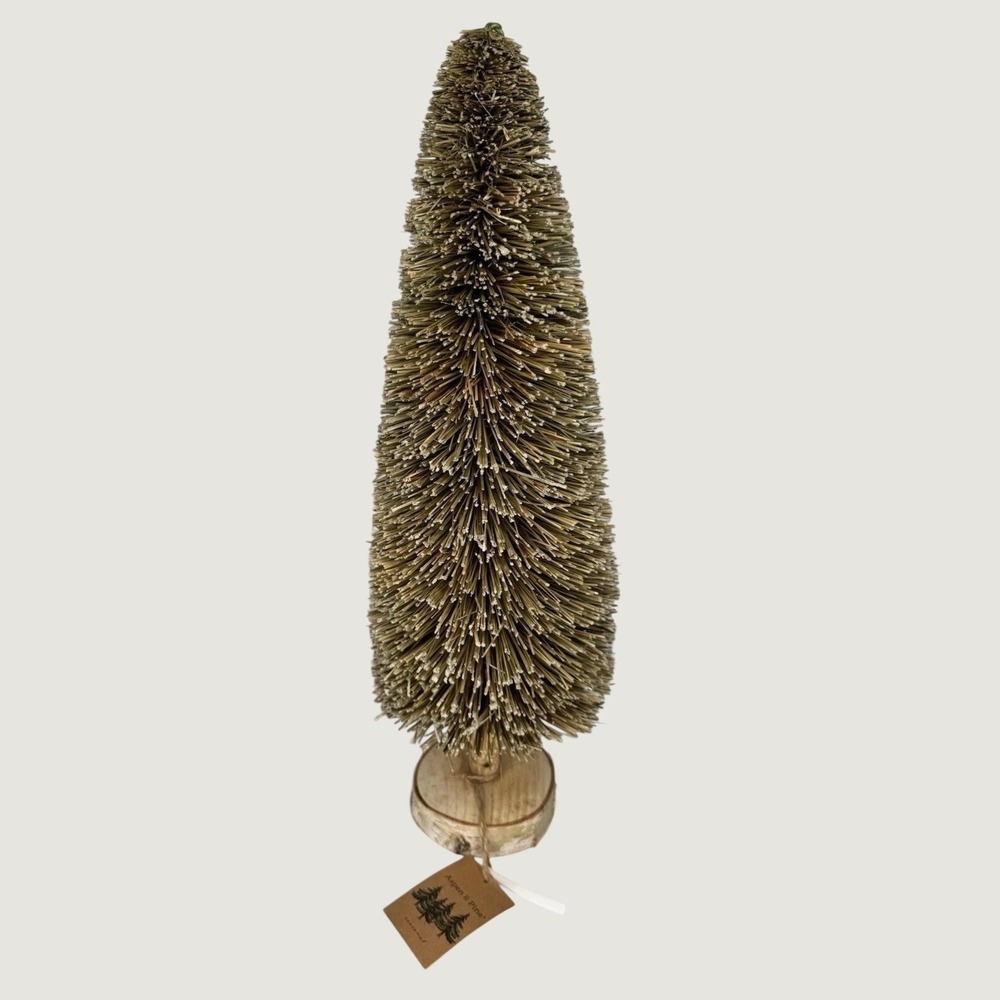 NWT 17" Large Bottle Brush Snowy Christmas Tree Birch Wood Base Holiday Frosted